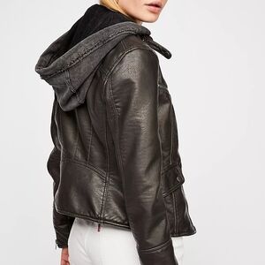 We The Free Dark Leather Jacket with Hood